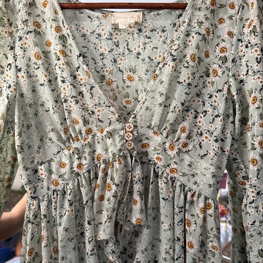 Altar'd State Sage Pastel Green Floral Long Sleeve Ruffle Maxi Dress - Picture 5 of 10